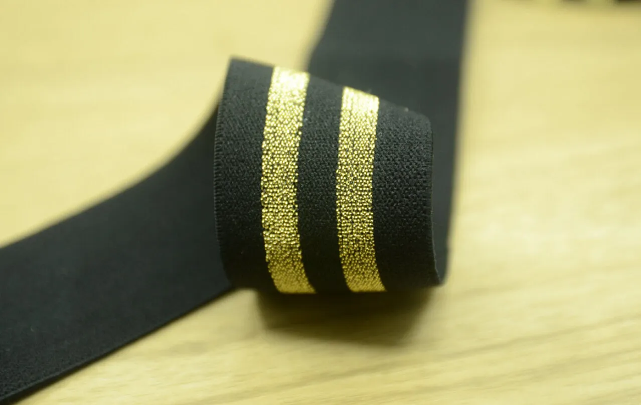 1.5" 38mm Wide Glitter Striped Waistband Elastic by the Yard, Black Plush Elastic