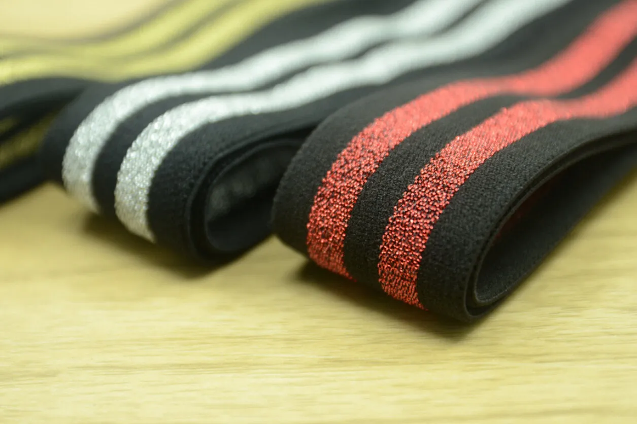 1.5" 38mm Wide Glitter Striped Waistband Elastic by the Yard, Black Plush Elastic