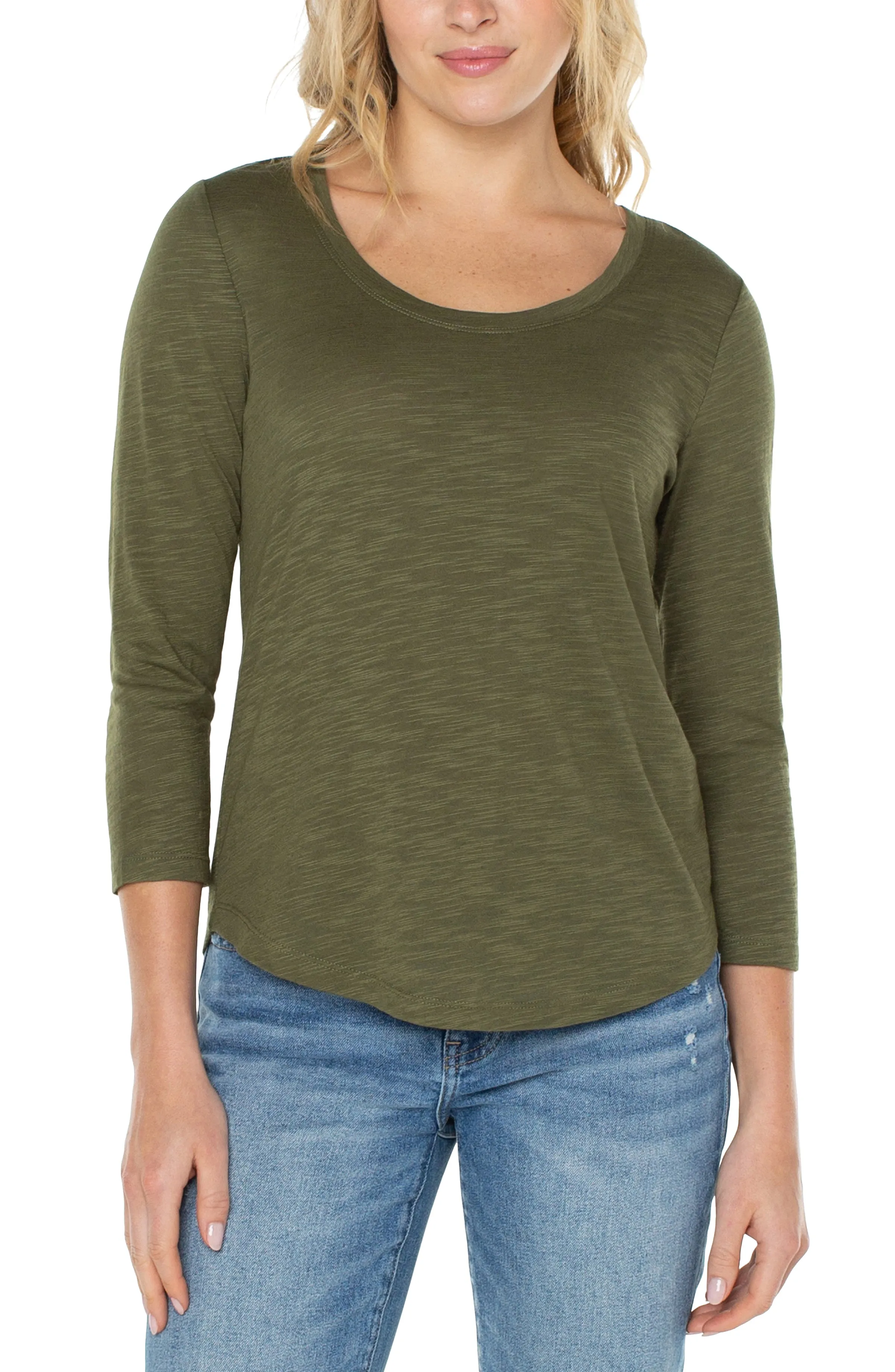 3/4 SLEEVE SCOOP NECK SLUB KNIT TEE
