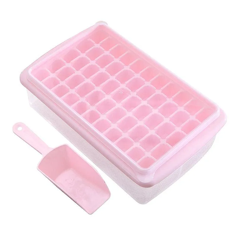 55 Grids Ice Cube Tray Mould | With Lid & Storage Box | Scoop Set | Pink