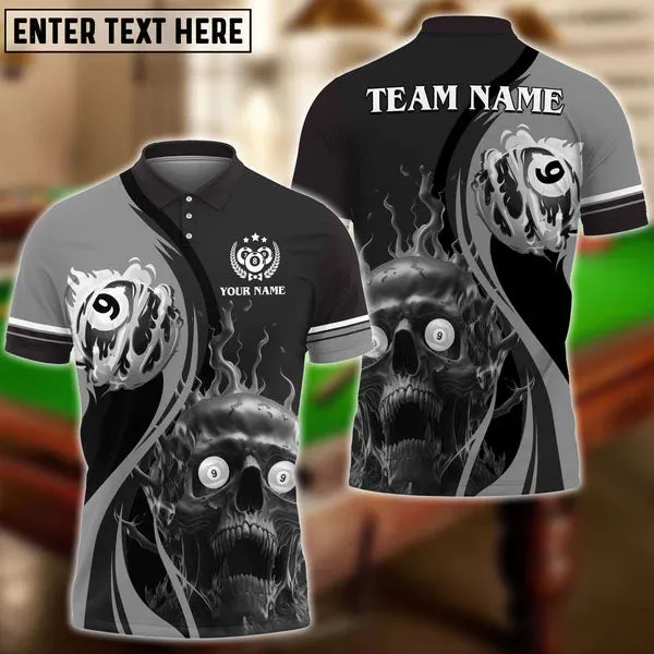 9 Ball Billiards Skull Fire Multi Color Personalized Name Polo Shirt, Gift for Billiard Player
