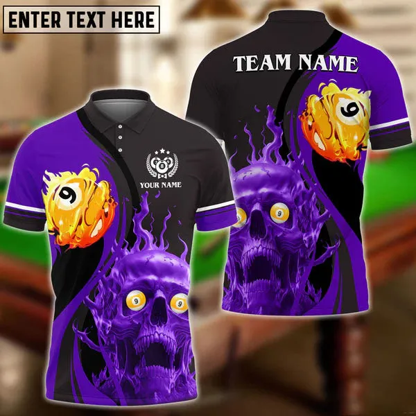 9 Ball Billiards Skull Fire Multi Color Personalized Name Polo Shirt, Gift for Billiard Player
