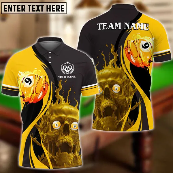 9 Ball Billiards Skull Fire Multi Color Personalized Name Polo Shirt, Gift for Billiard Player