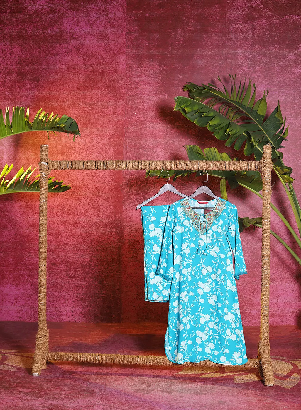 Aina Blue Printed Rayon Kurta Set for Women
