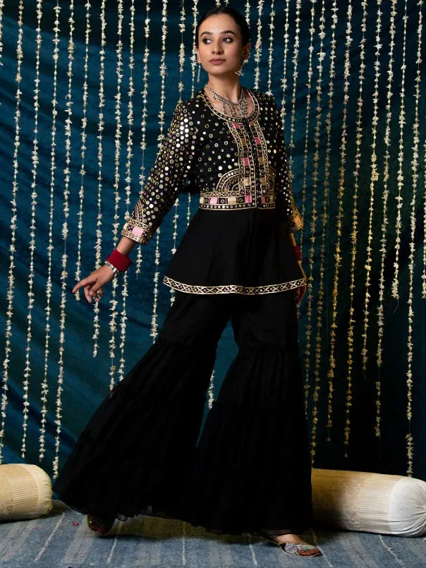 Aks - Black Mirror Cotton Peplum Jacket With Georgette Gharara Set (Set of 2)