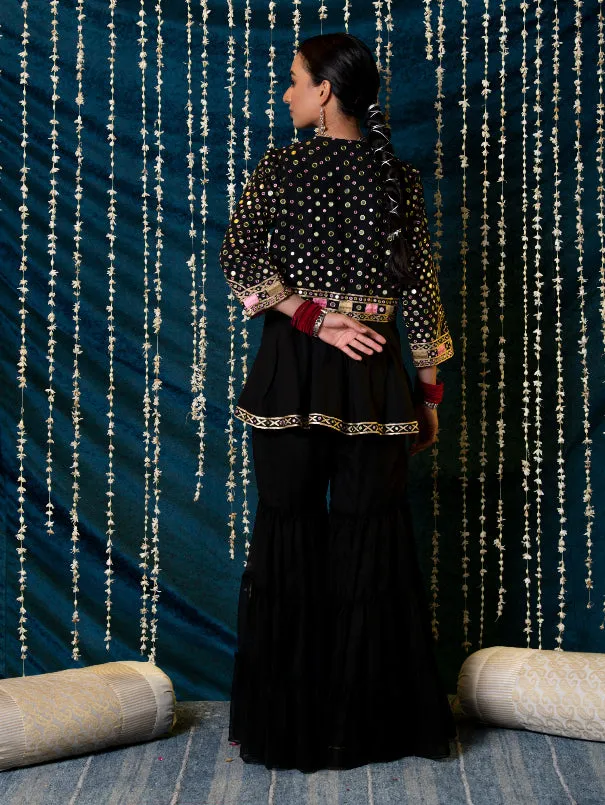 Aks - Black Mirror Cotton Peplum Jacket With Georgette Gharara Set (Set of 2)
