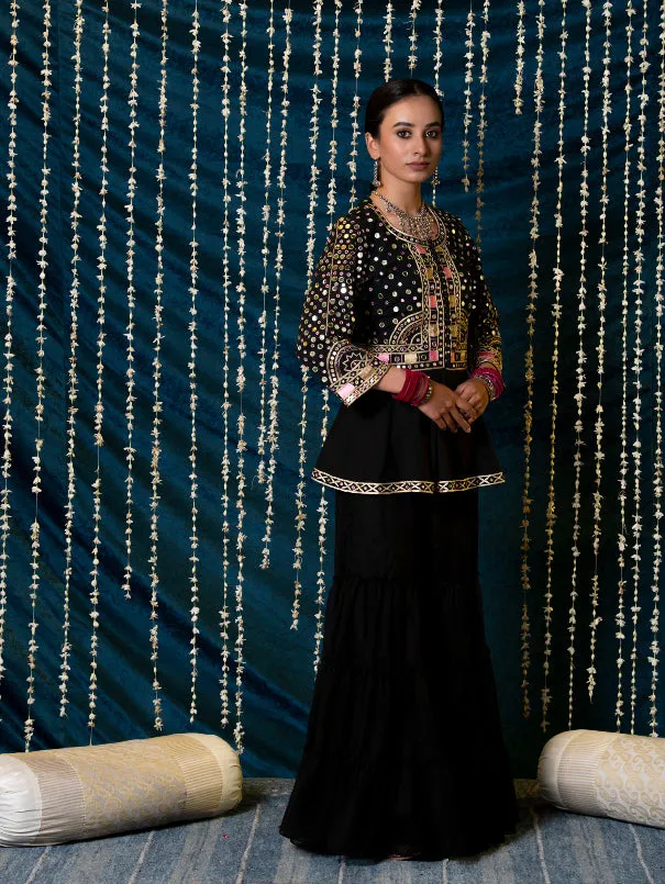 Aks - Black Mirror Cotton Peplum Jacket With Georgette Gharara Set (Set of 2)