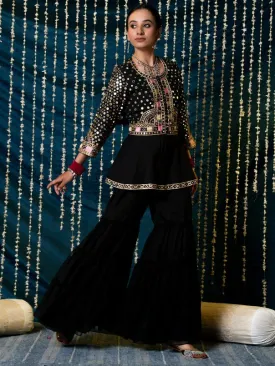Aks - Black Mirror Cotton Peplum Jacket With Georgette Gharara Set (Set of 2)