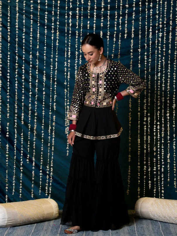 Aks - Black Mirror Cotton Peplum Jacket With Georgette Gharara Set (Set of 2)