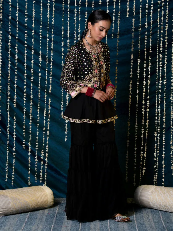 Aks - Black Mirror Cotton Peplum Jacket With Georgette Gharara Set (Set of 2)