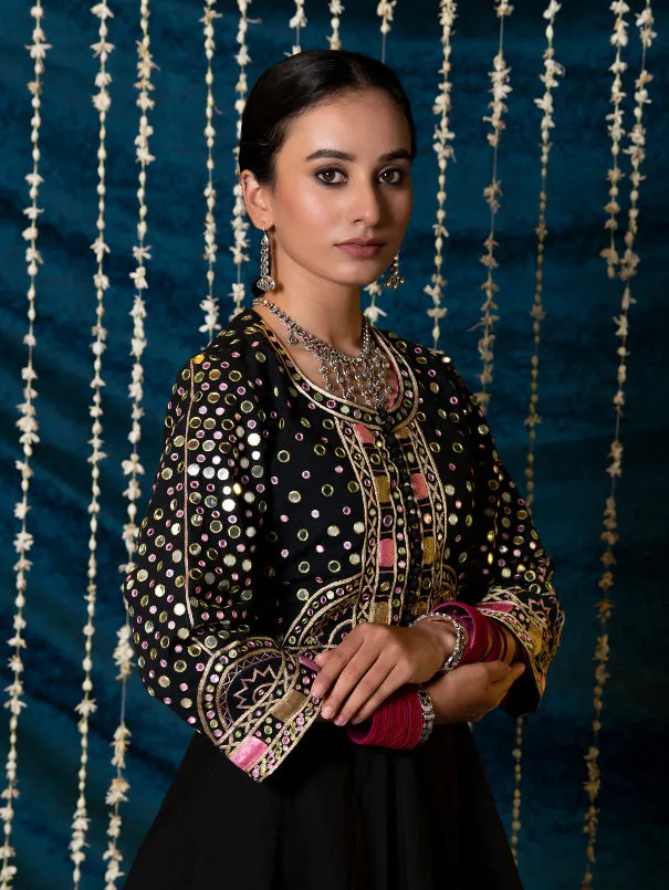 Aks - Black Mirror Cotton Peplum Jacket With Georgette Gharara Set (Set of 2)