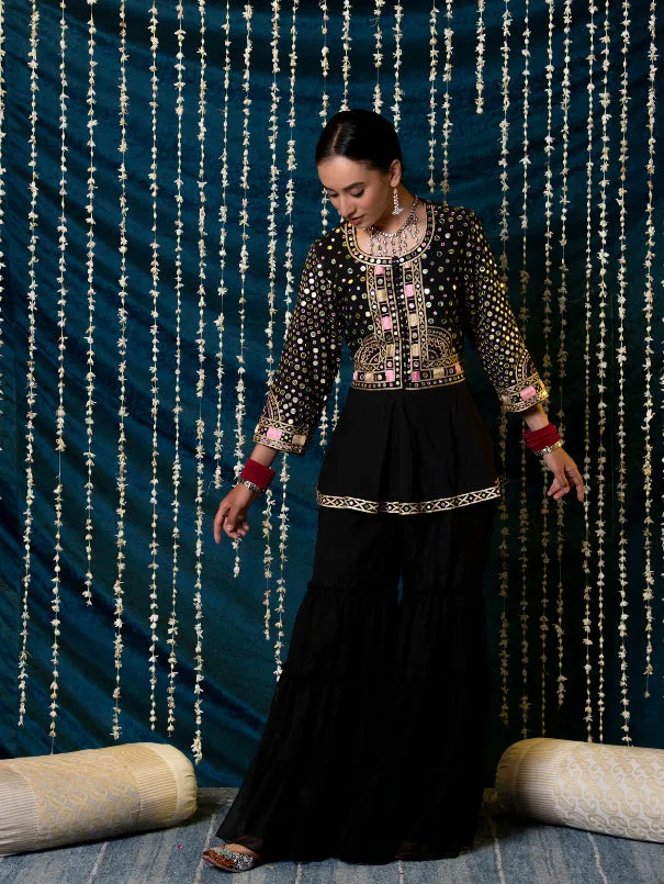 Aks - Black Mirror Cotton Peplum Jacket With Georgette Gharara Set (Set of 2)