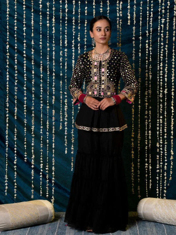 Aks - Black Mirror Cotton Peplum Jacket With Georgette Gharara Set (Set of 2)