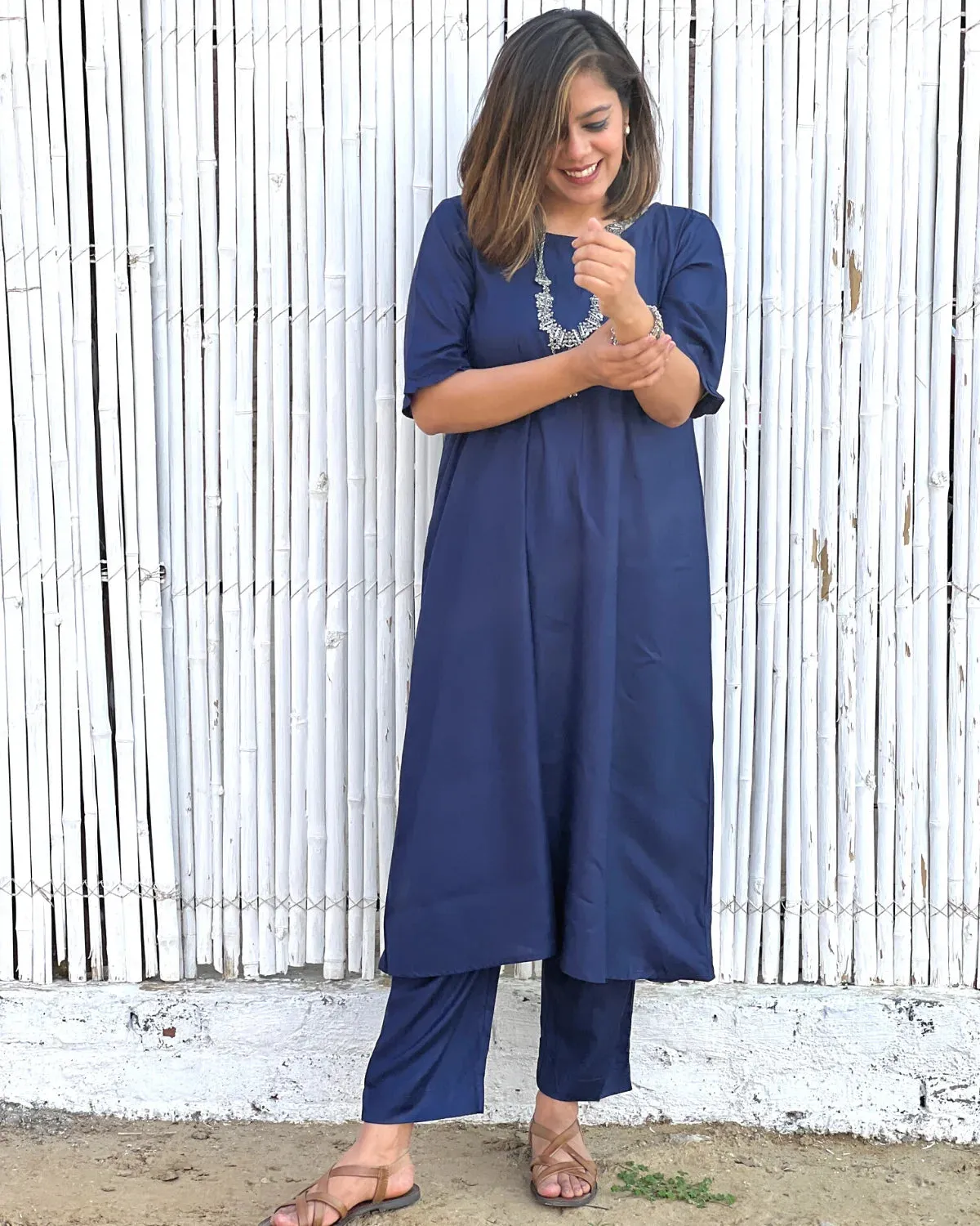 Aline Navy Blue Rayon Kurta & Pants - Set of 2
