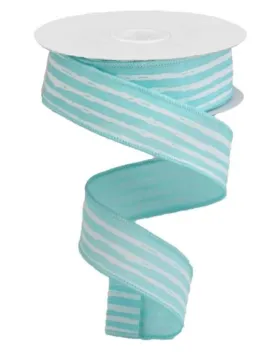 Aqua and white Irregular stripes wired ribbon - 1.5”