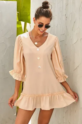 Beige Long Sleeves Loose Short Swing Dress