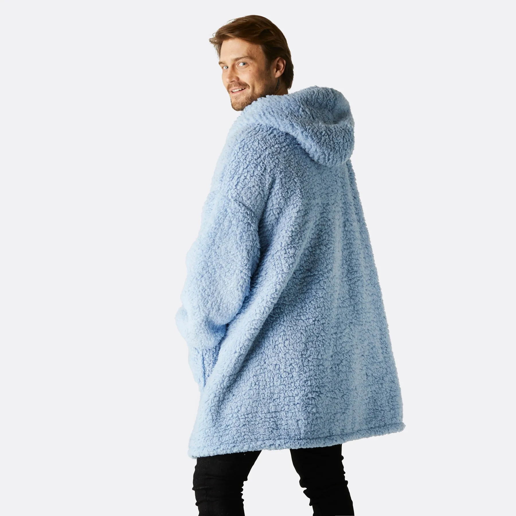 Sure! Blue Sherpa HappyHoodie: Cozy and Comfortable