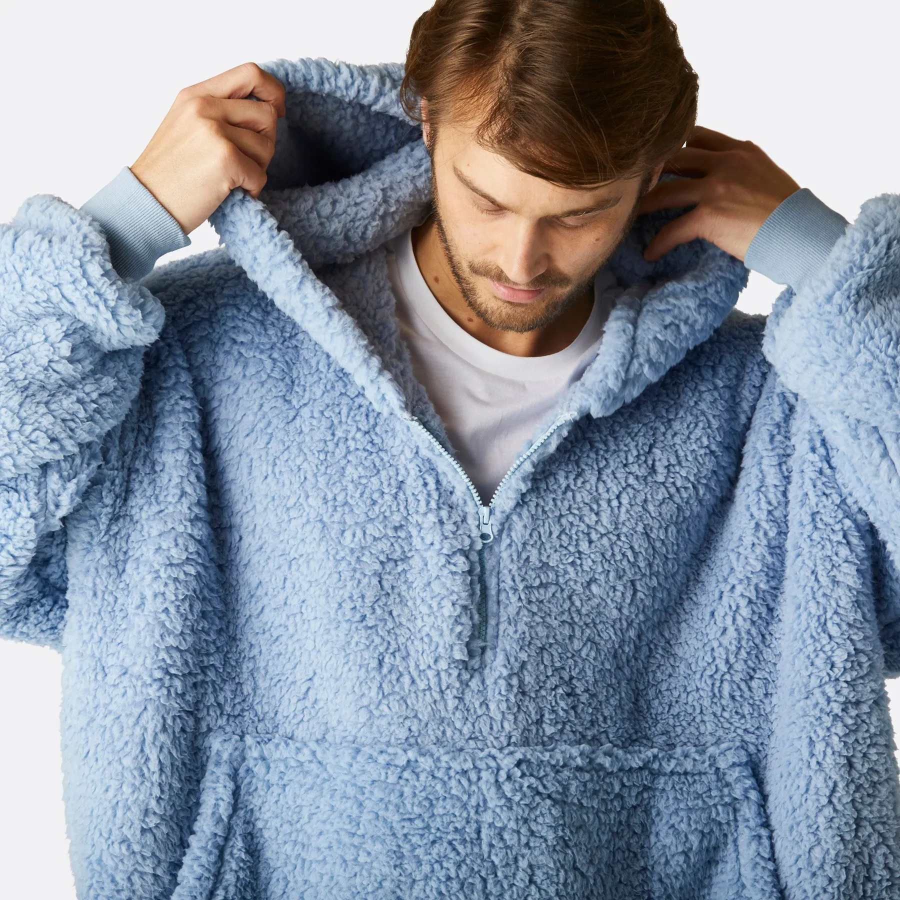 Sure! Blue Sherpa HappyHoodie: Cozy and Comfortable