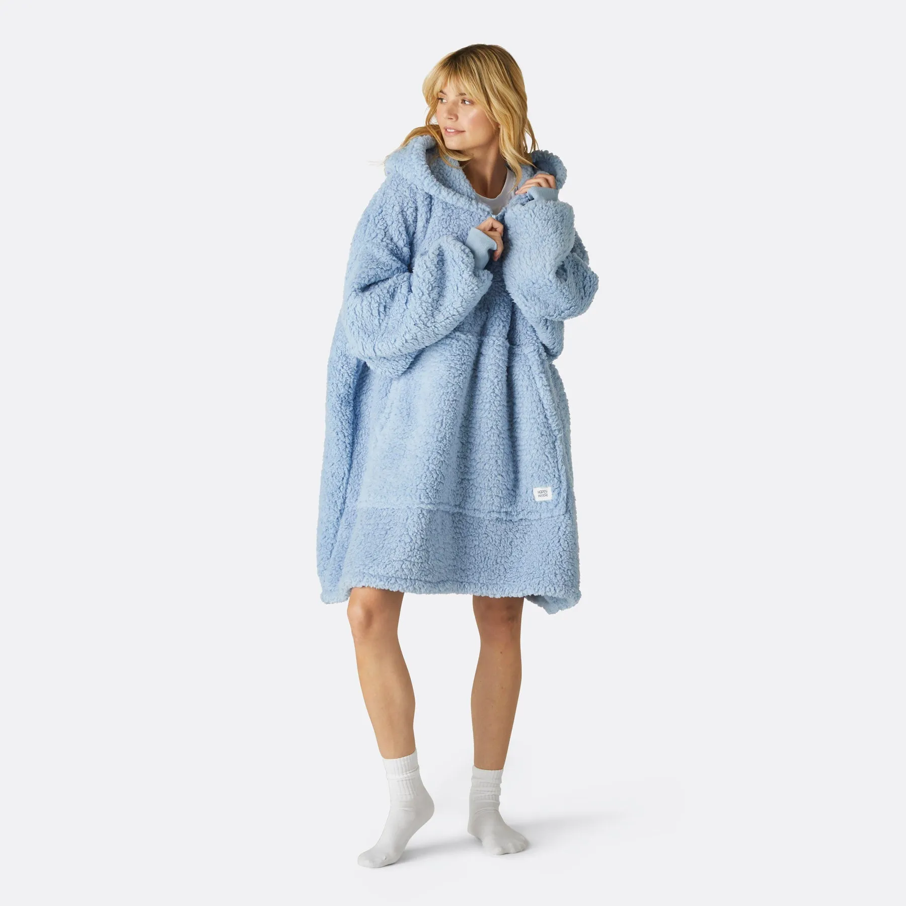 Sure! Blue Sherpa HappyHoodie: Cozy and Comfortable