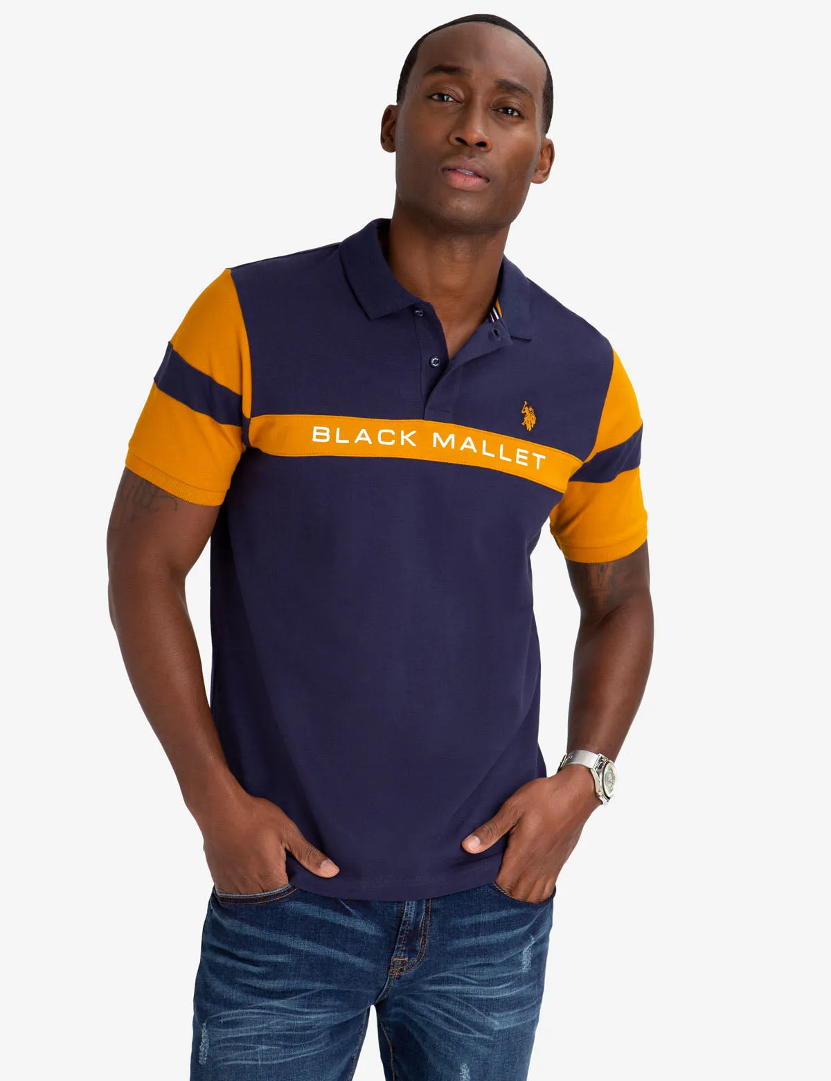BLACK MALLET CLASSIC FIT CHEST STRIPE POLO SHIRT
