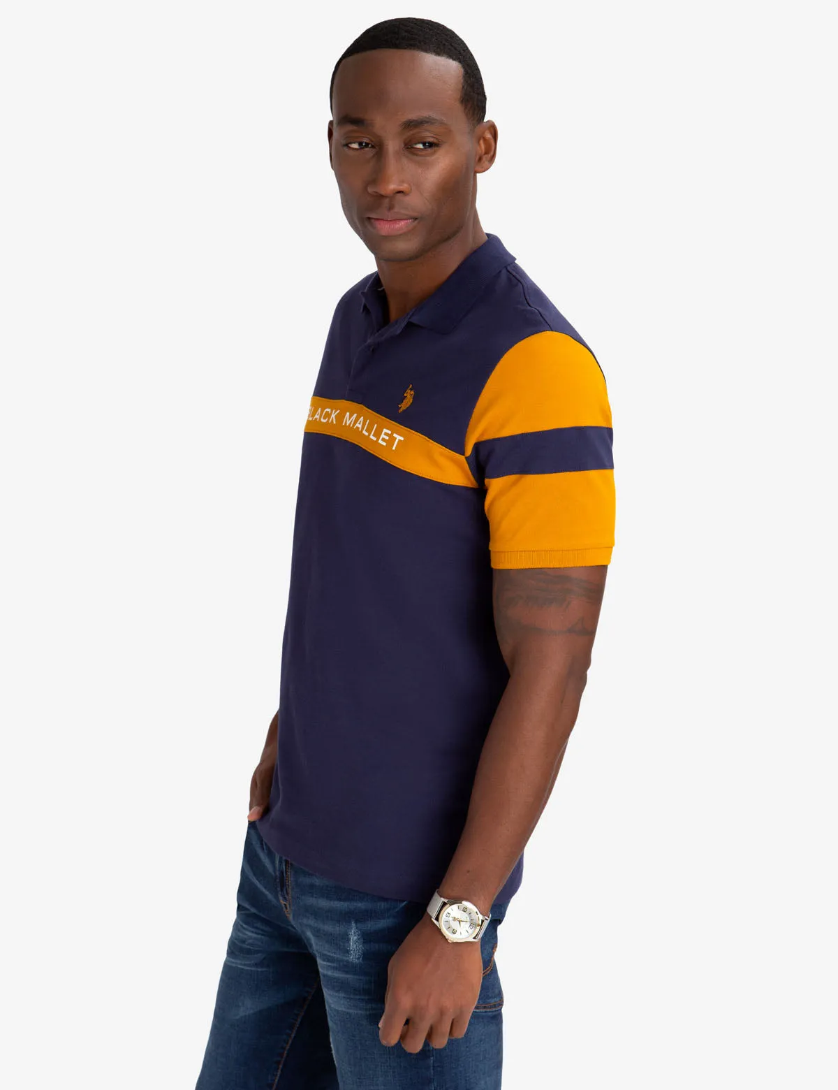 BLACK MALLET CLASSIC FIT CHEST STRIPE POLO SHIRT