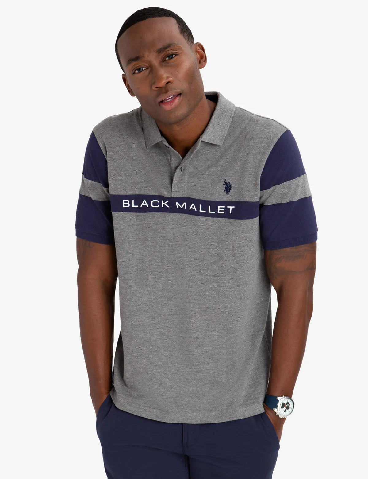 BLACK MALLET CLASSIC FIT CHEST STRIPE POLO SHIRT