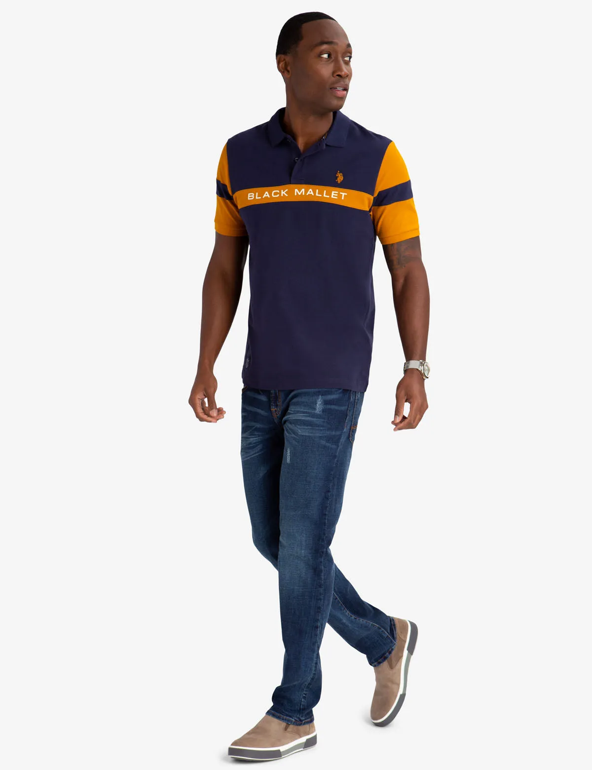 BLACK MALLET CLASSIC FIT CHEST STRIPE POLO SHIRT