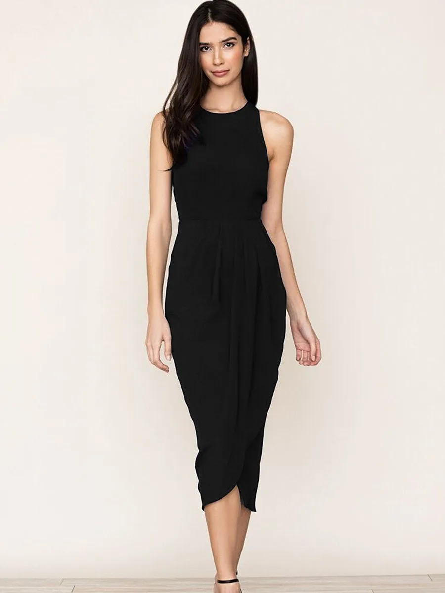 Black So Social Round Neck Sleeveless Irregular Hem Midi Dress