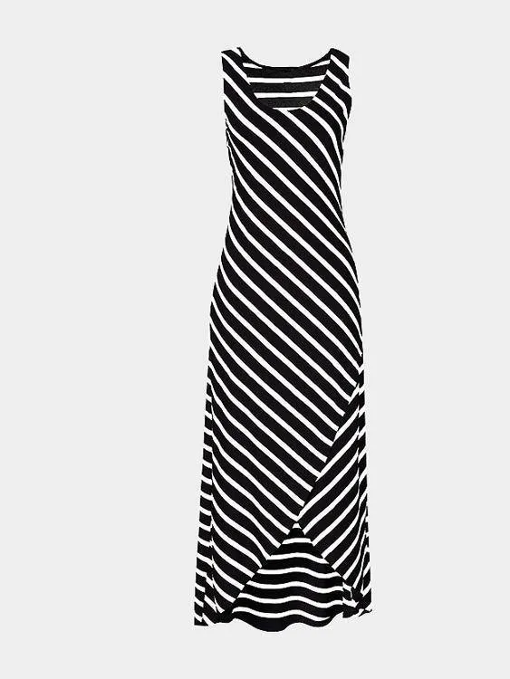 Black Striped Scoop Neck Asymmetrical Maxi Dress