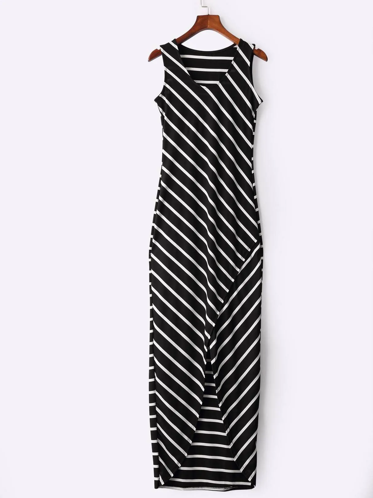 Black Striped Scoop Neck Asymmetrical Maxi Dress