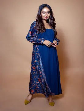 Blue Floral Jacket With Dress (Set of 2)