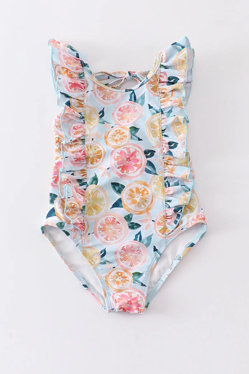 Blue lemon print ruffle girl swimsuit UPF50 