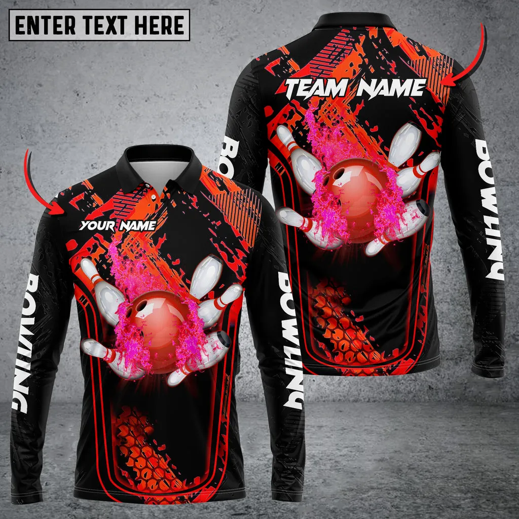 Bowling And Pins Abstract Grunge Texture Multicolor Option Customized Name Long Sleeve Polo Shirt, Gift for Bowling Lovers