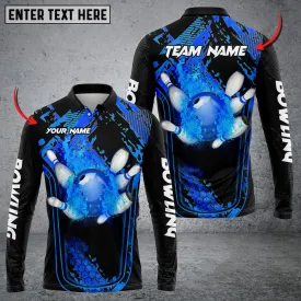 Bowling And Pins Abstract Grunge Texture Multicolor Option Customized Name Long Sleeve Polo Shirt, Gift for Bowling Lovers