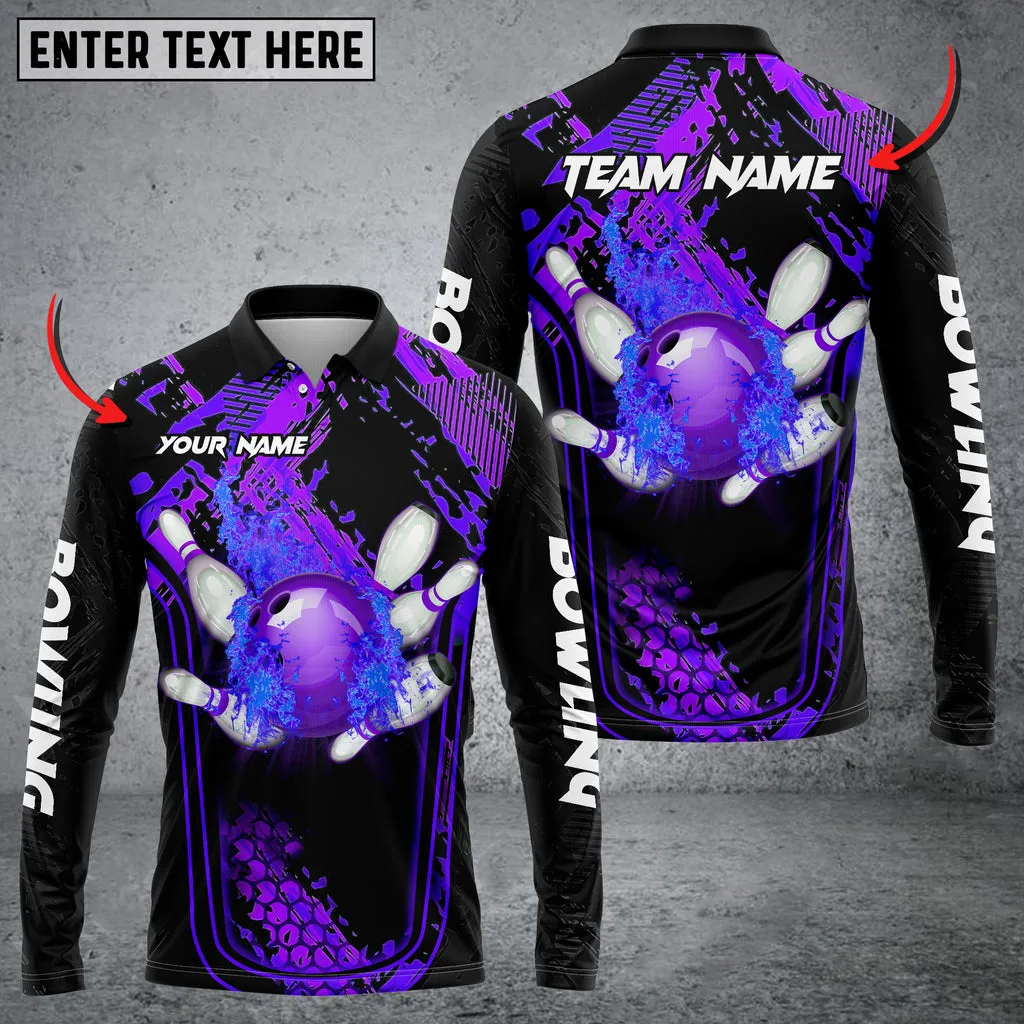 Bowling And Pins Abstract Grunge Texture Multicolor Option Customized Name Long Sleeve Polo Shirt, Gift for Bowling Lovers