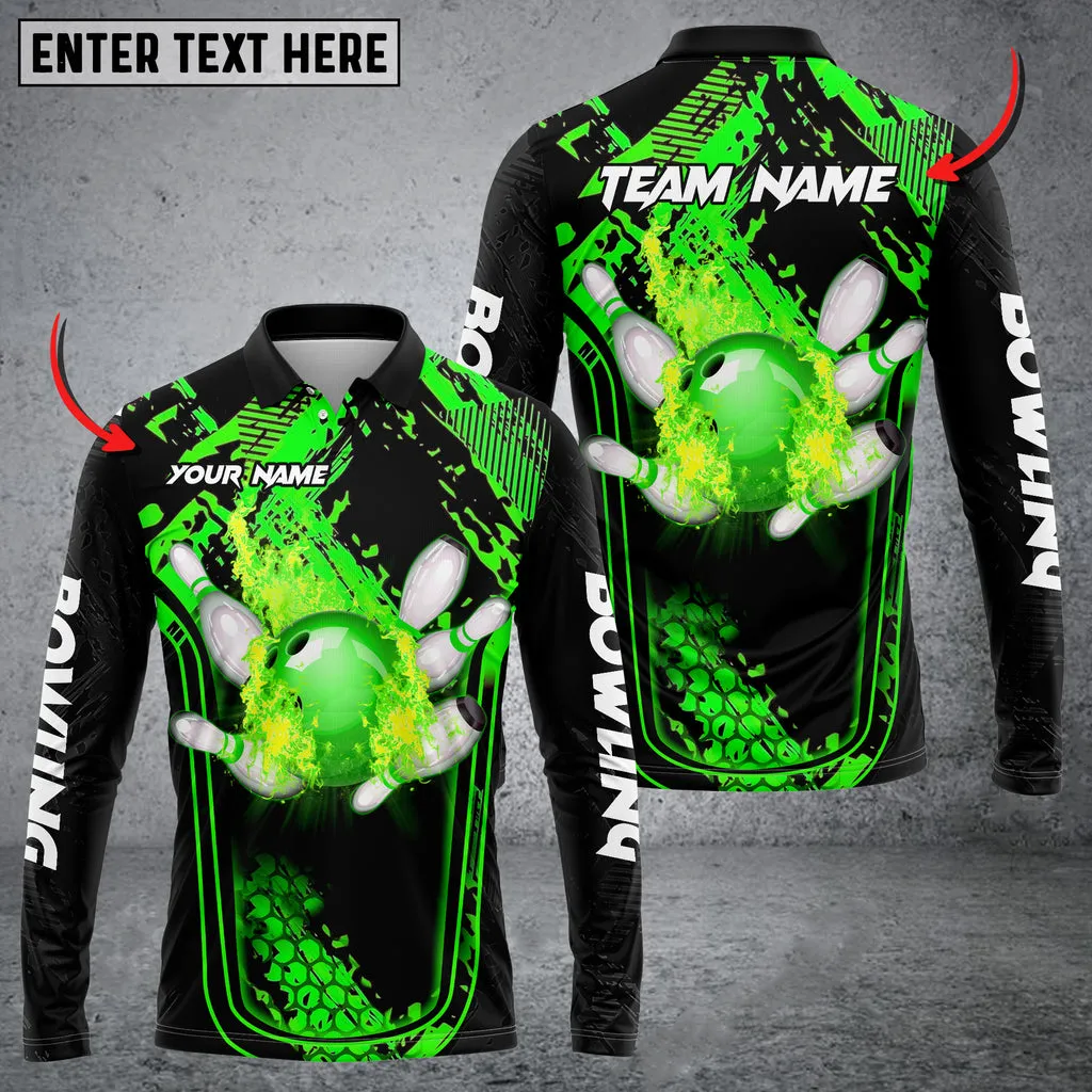 Bowling And Pins Abstract Grunge Texture Multicolor Option Customized Name Long Sleeve Polo Shirt, Gift for Bowling Lovers