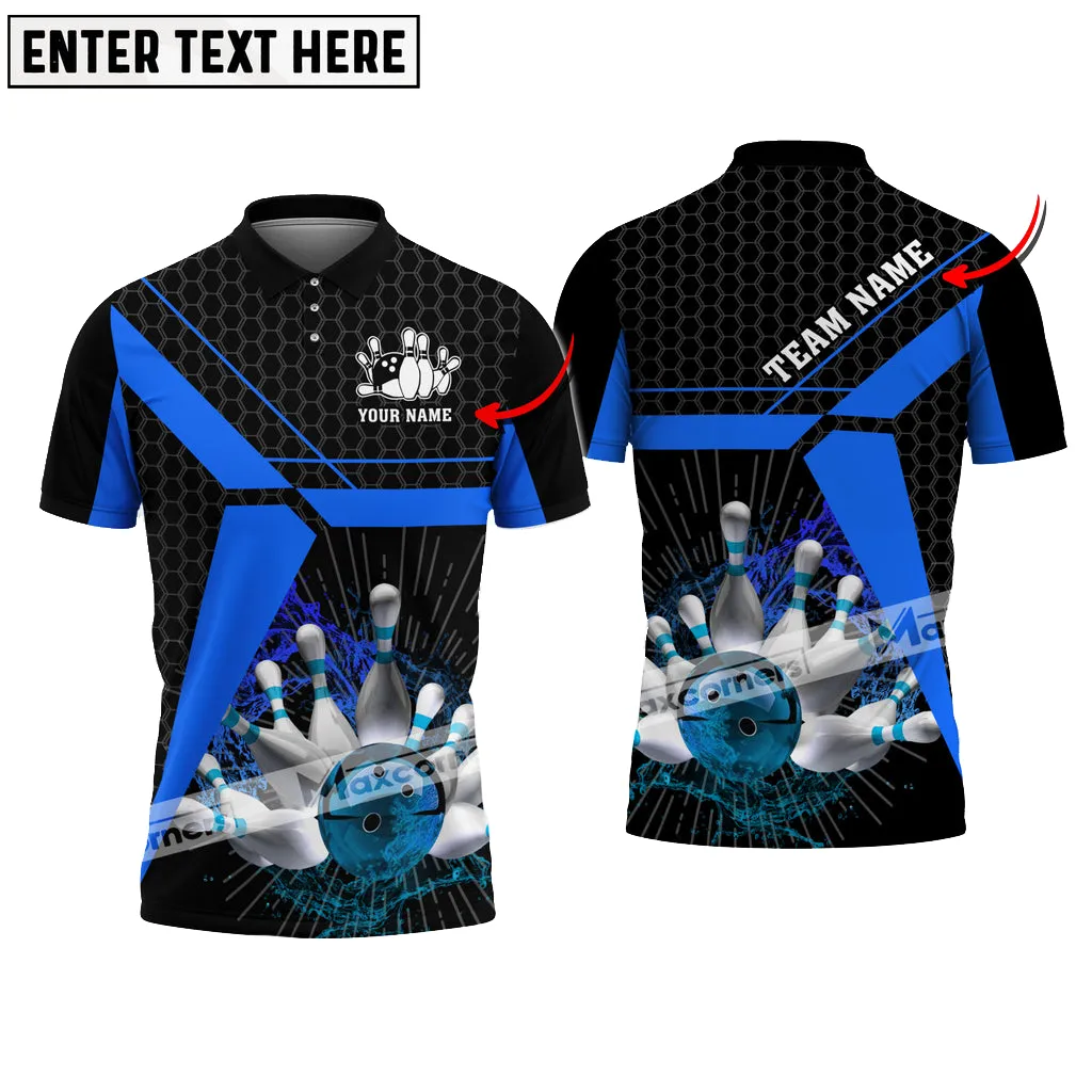 Bowling Ball and Pins Water Hexagon Pattern Pro Sport Jersey Multicolor Customized Name 3D Polo Shirt