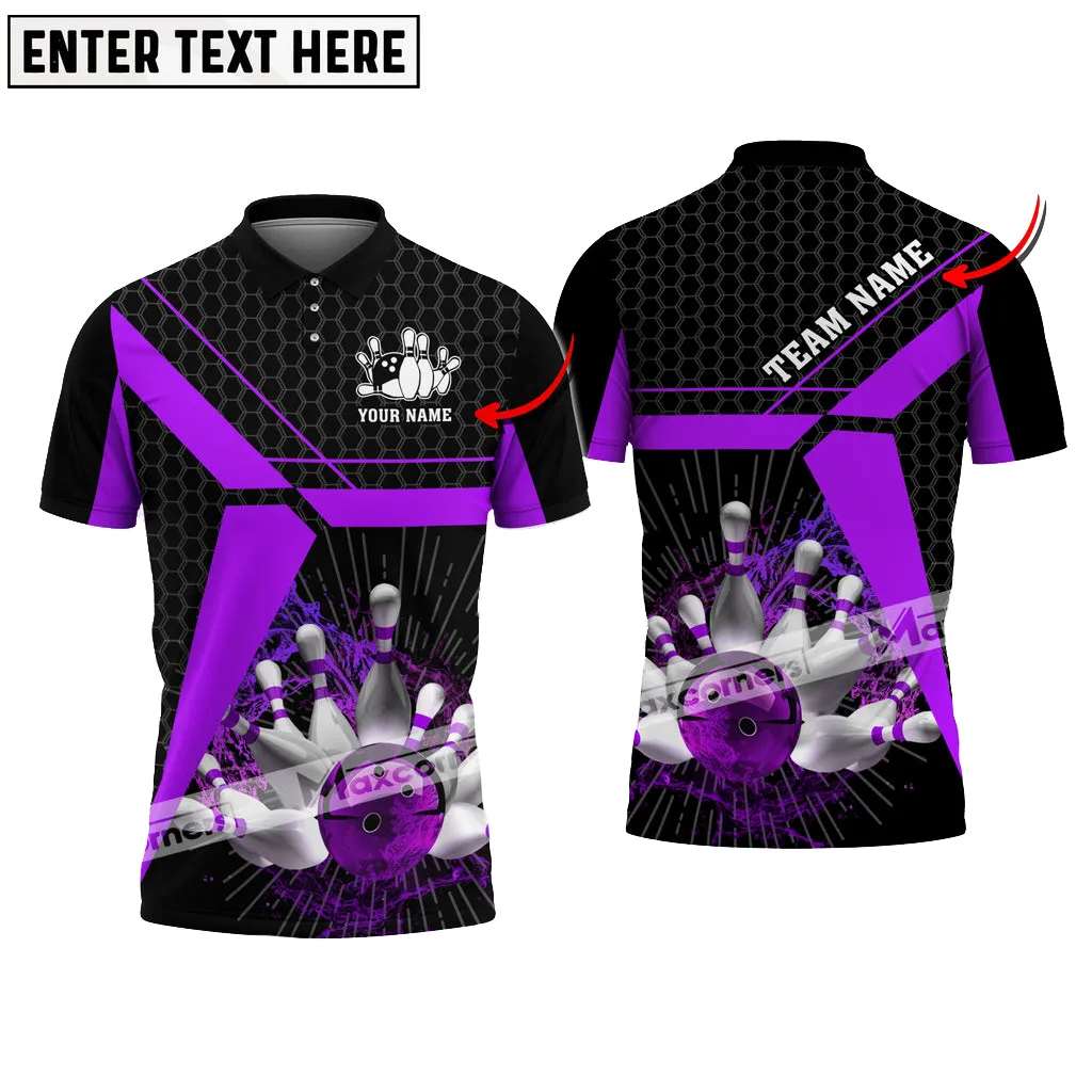 Bowling Ball and Pins Water Hexagon Pattern Pro Sport Jersey Multicolor Customized Name 3D Polo Shirt