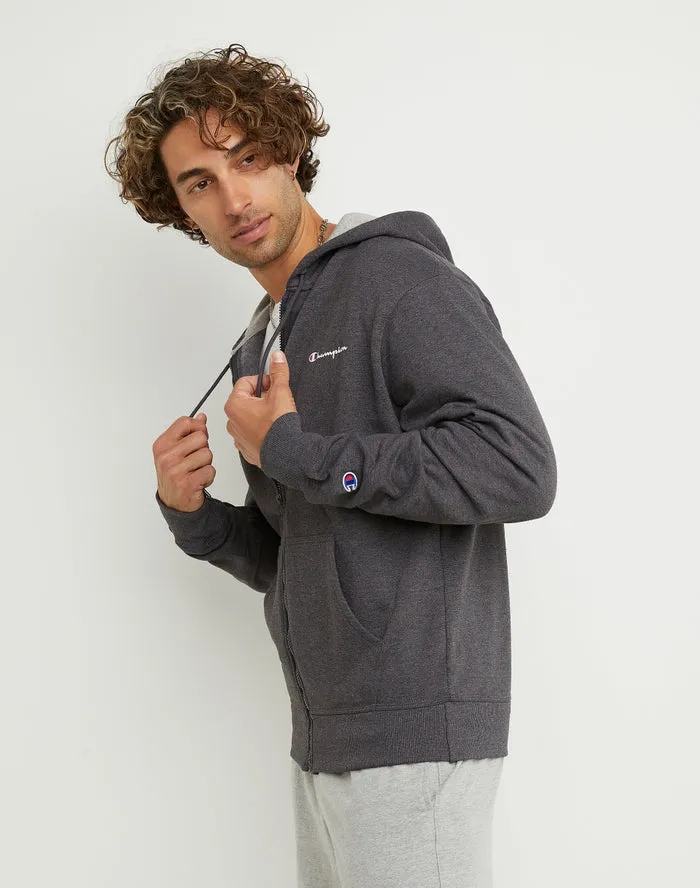Champion Men's Powerblend Fleece Full Zip Hoodie Script Logo Granite Heather GF91H Y08160 0OC
