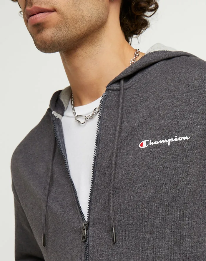 Champion Men's Powerblend Fleece Full Zip Hoodie Script Logo Granite Heather GF91H Y08160 0OC