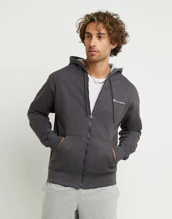 Champion Men's Powerblend Fleece Full Zip Hoodie Script Logo Granite Heather GF91H Y08160 0OC