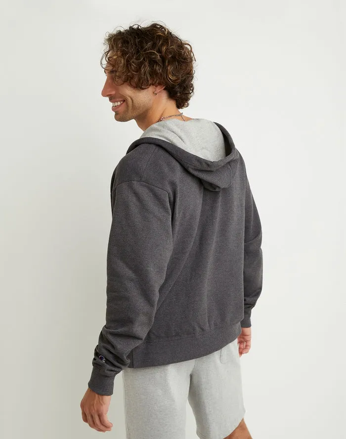 Champion Men's Powerblend Fleece Full Zip Hoodie Script Logo Granite Heather GF91H Y08160 0OC