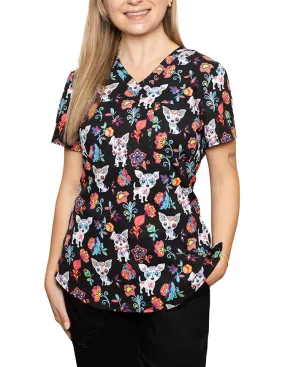 Authentic Cherokee Womens Sugar Skull Dog Print Scrub Top – Vibrant Medical Uniform for Animal Lovers