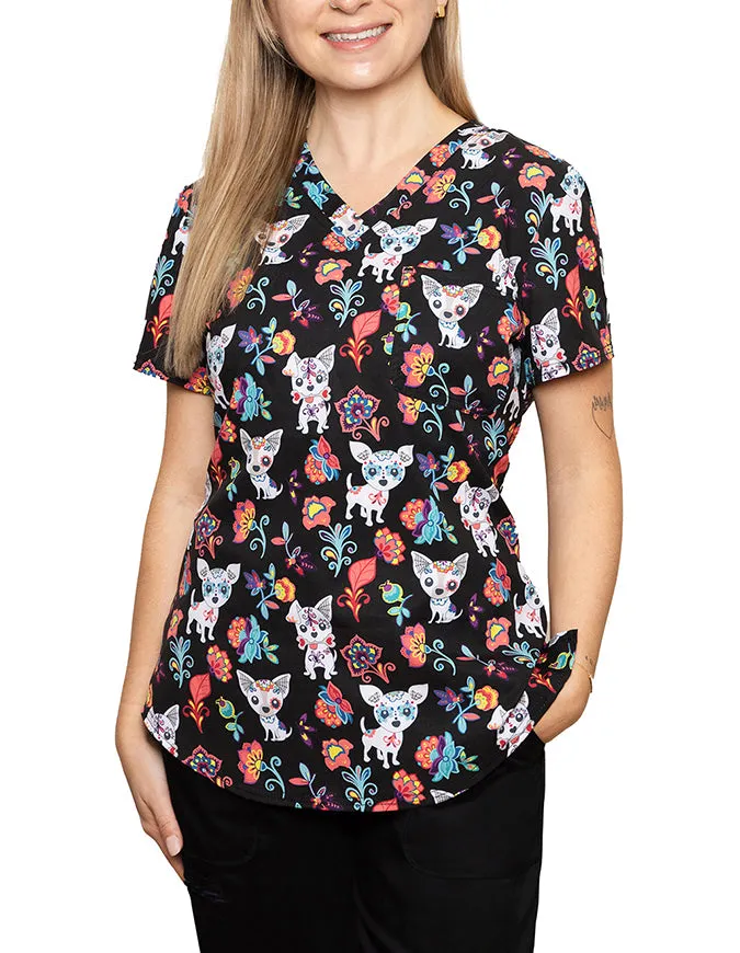 Authentic Cherokee Womens Sugar Skull Dog Print Scrub Top – Vibrant Medical Uniform for Animal Lovers