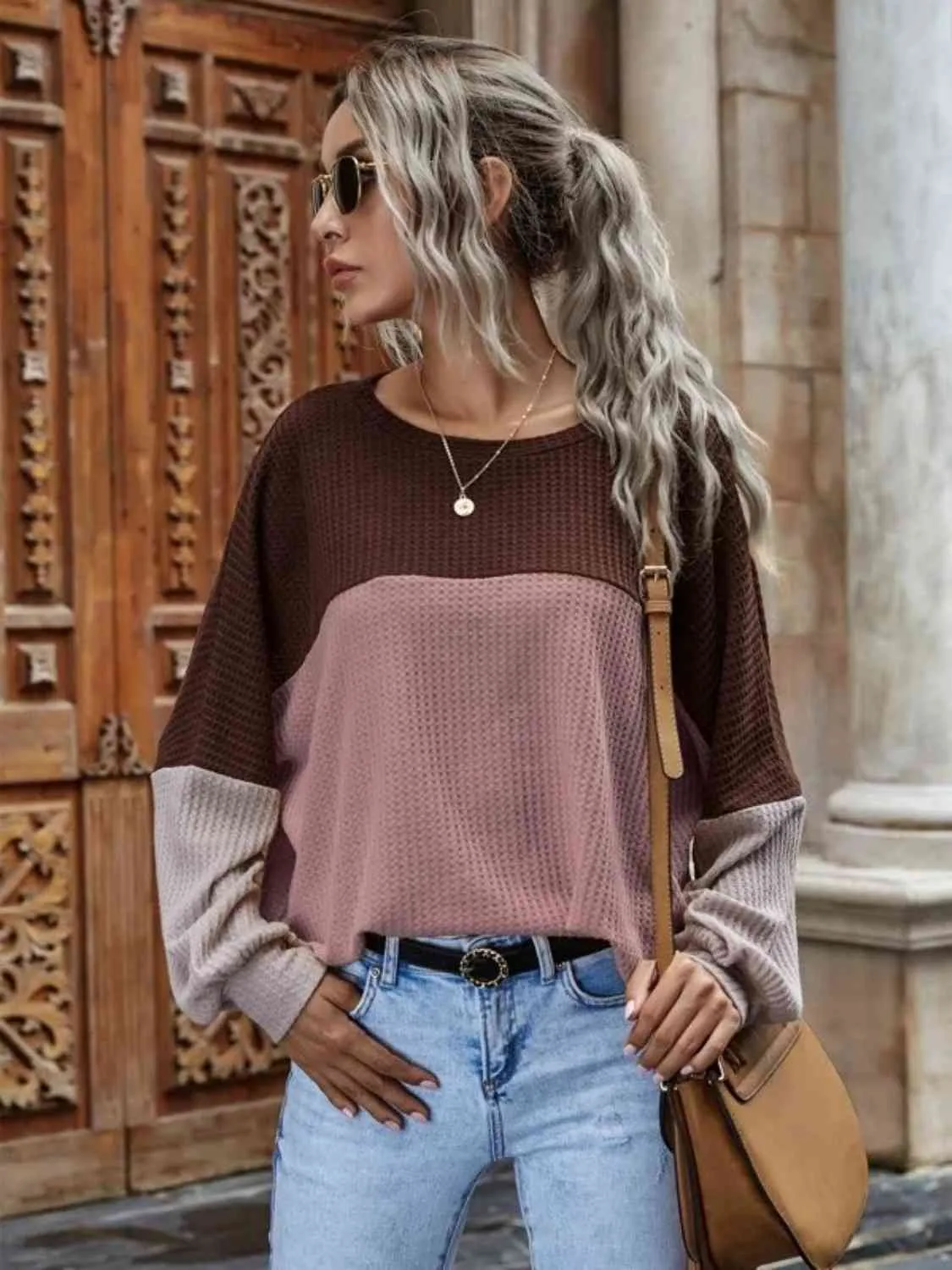 Color Block Waffle-Knit Long Sleeve Top - 3 colors