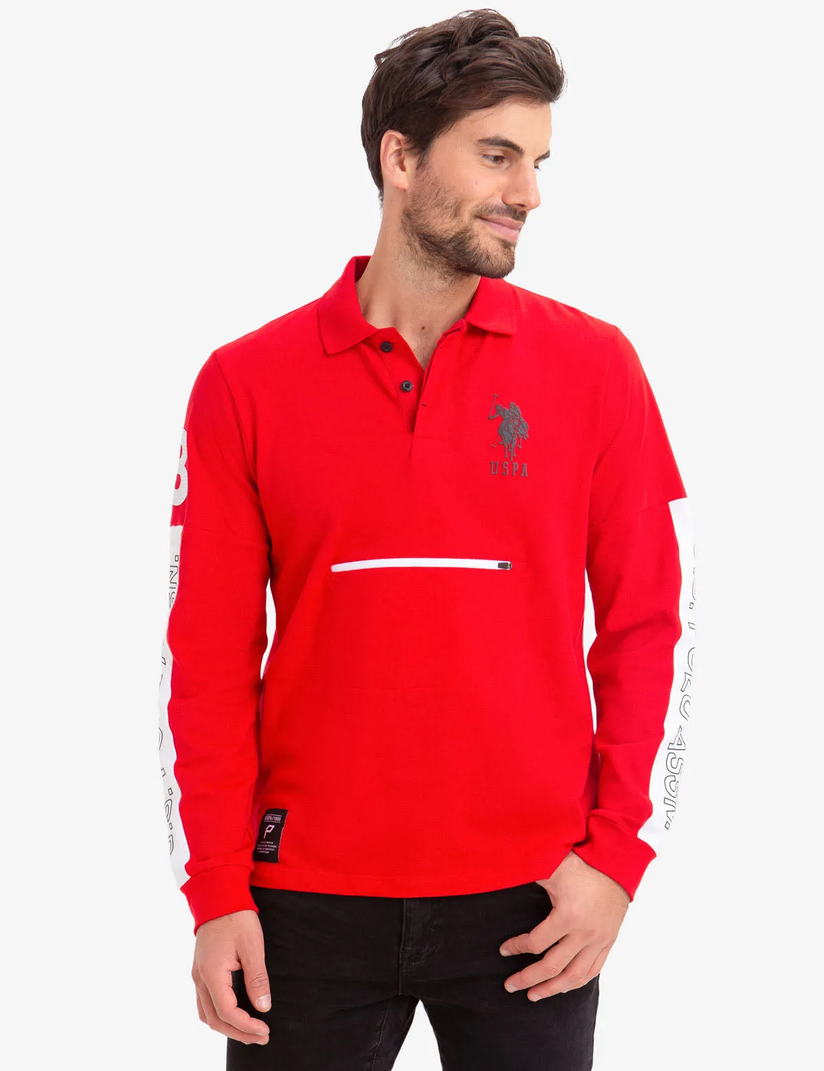 COLORBLOCK ZIP POCKET LONG SLEEVE STRETCH POLO SHIRT