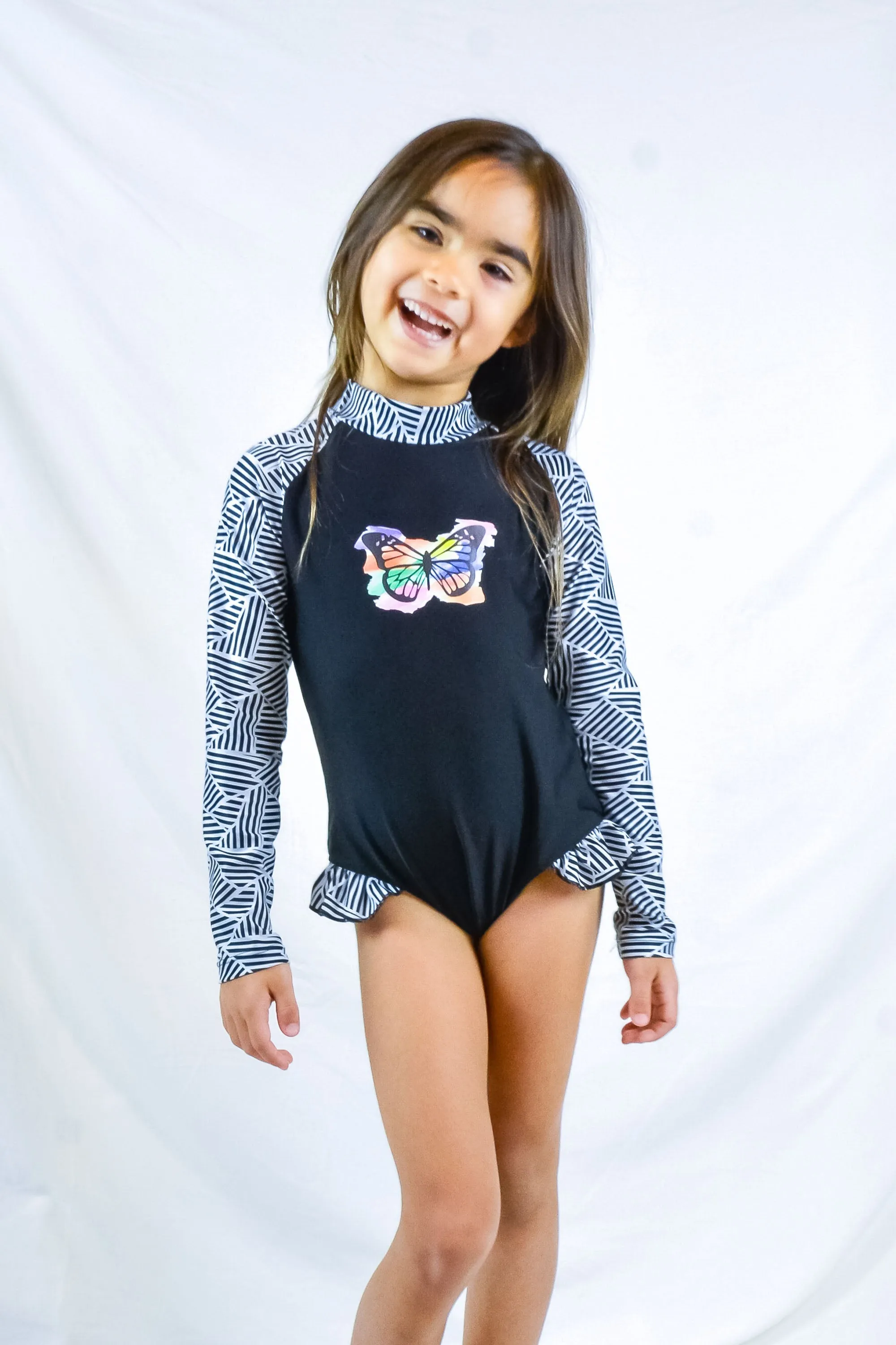 Coral Girls' Long Sleeve Swimsuit - Black/Tile