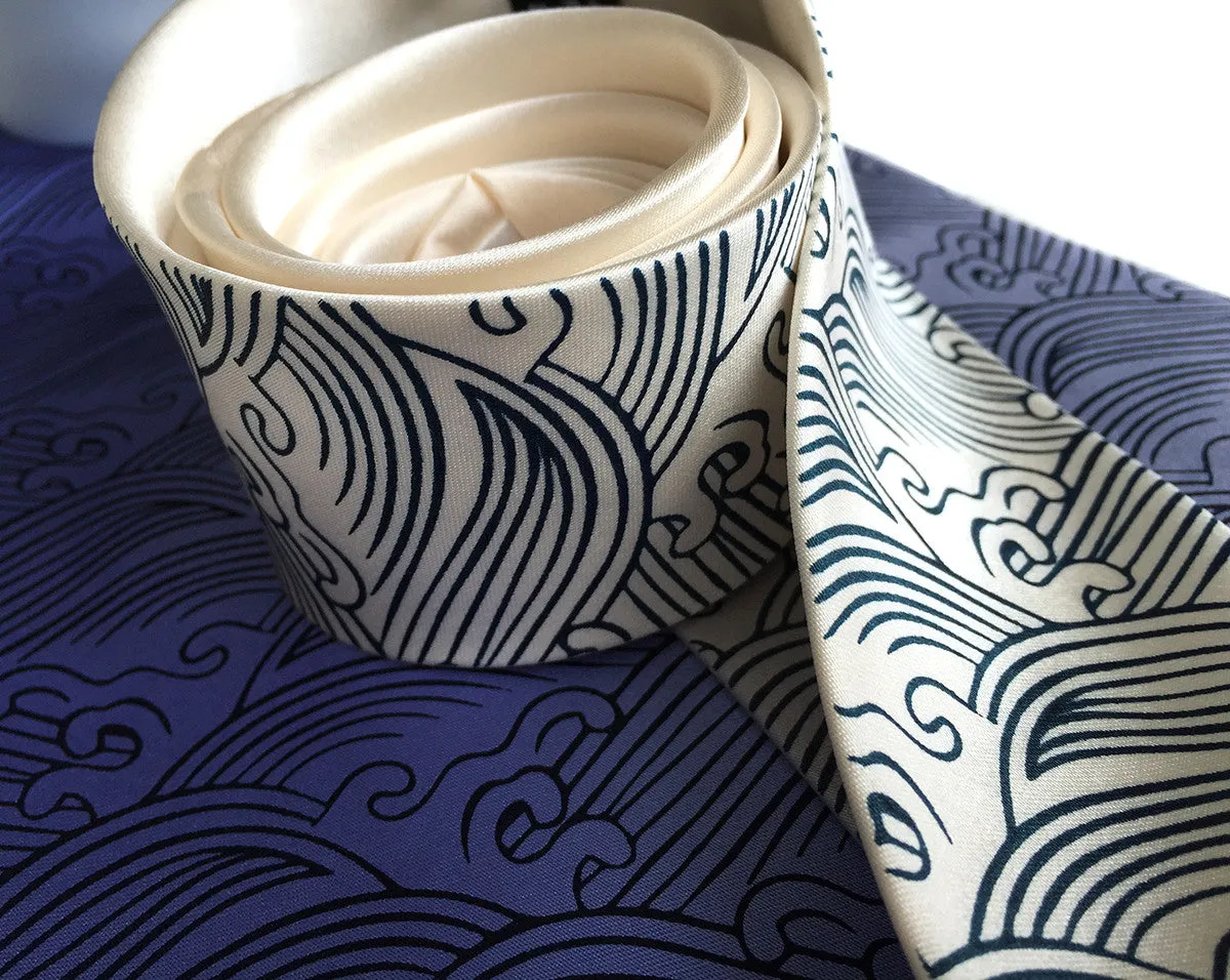 Crashing Waves silk necktie. Japanese nautical print tie.
