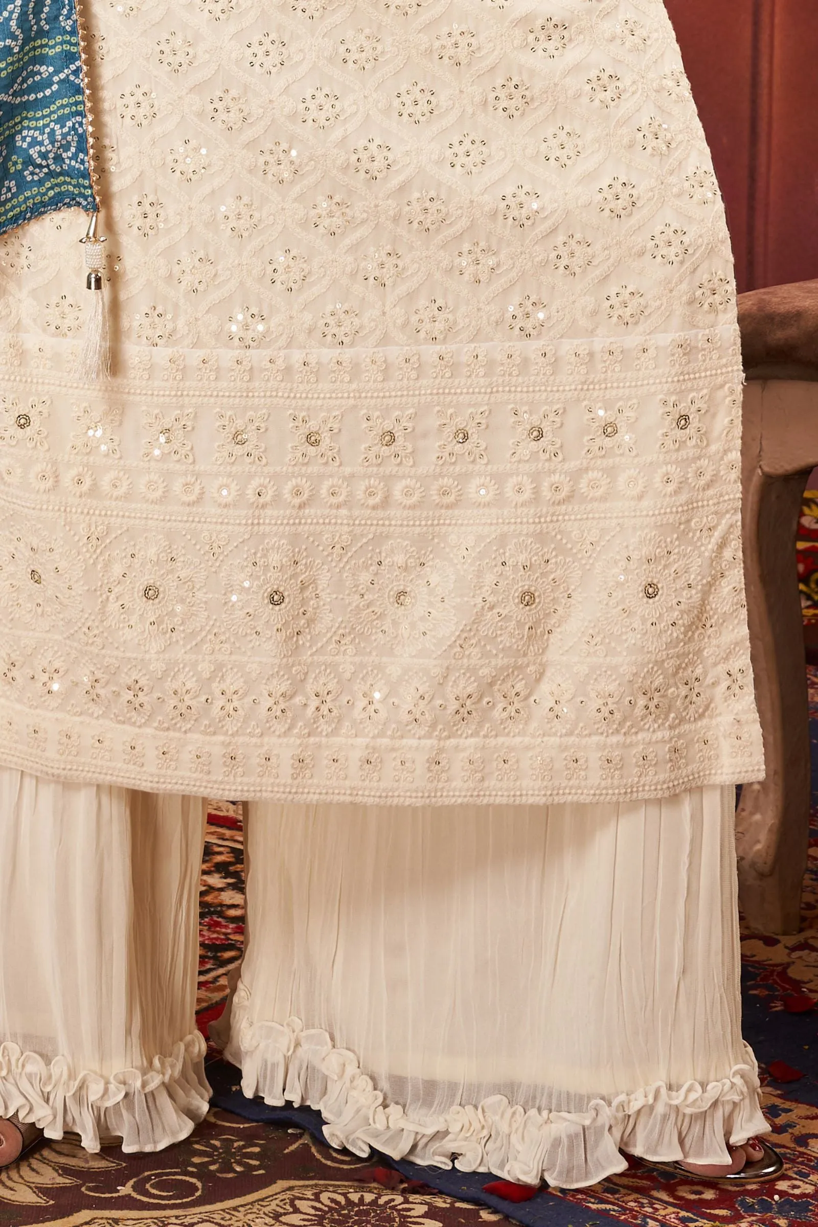 Cream Sequins and Thread work Salwar Suit with Palazzo Pants with Bandini Print Dupatta