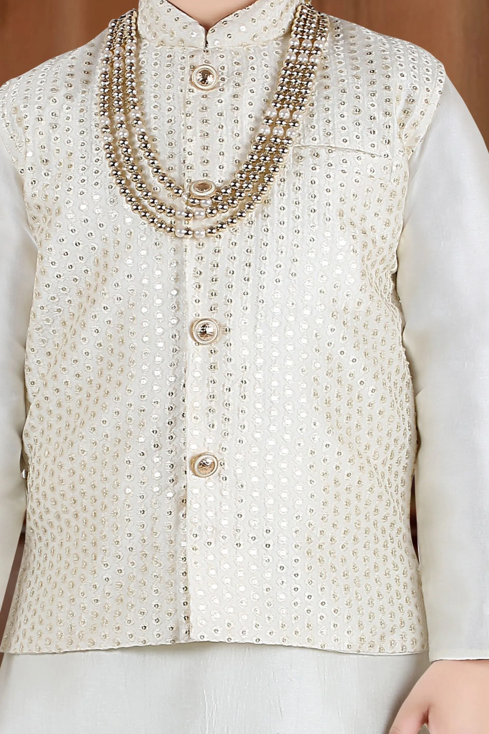 Cream Sequins and Thread work Waist Coat Kurta Set for Boys